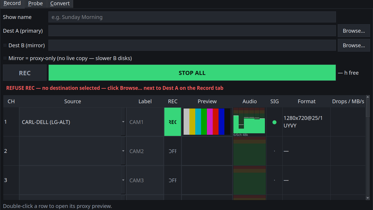 Lumengrid Record: multi-channel ISO recorder with show name, destinations, and per-channel REC