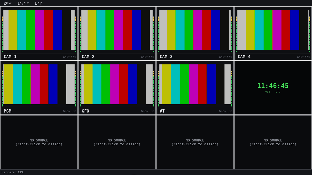 NDI Multiviewer: 4×3 multiview with CAM 1–4, PGM, GFX, VT, clock, and unused tiles
