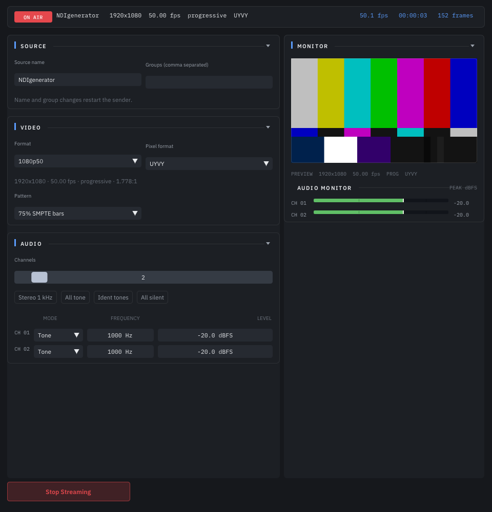 NDI Test Signal Generator window: source, video and audio settings, monitor and audio meters