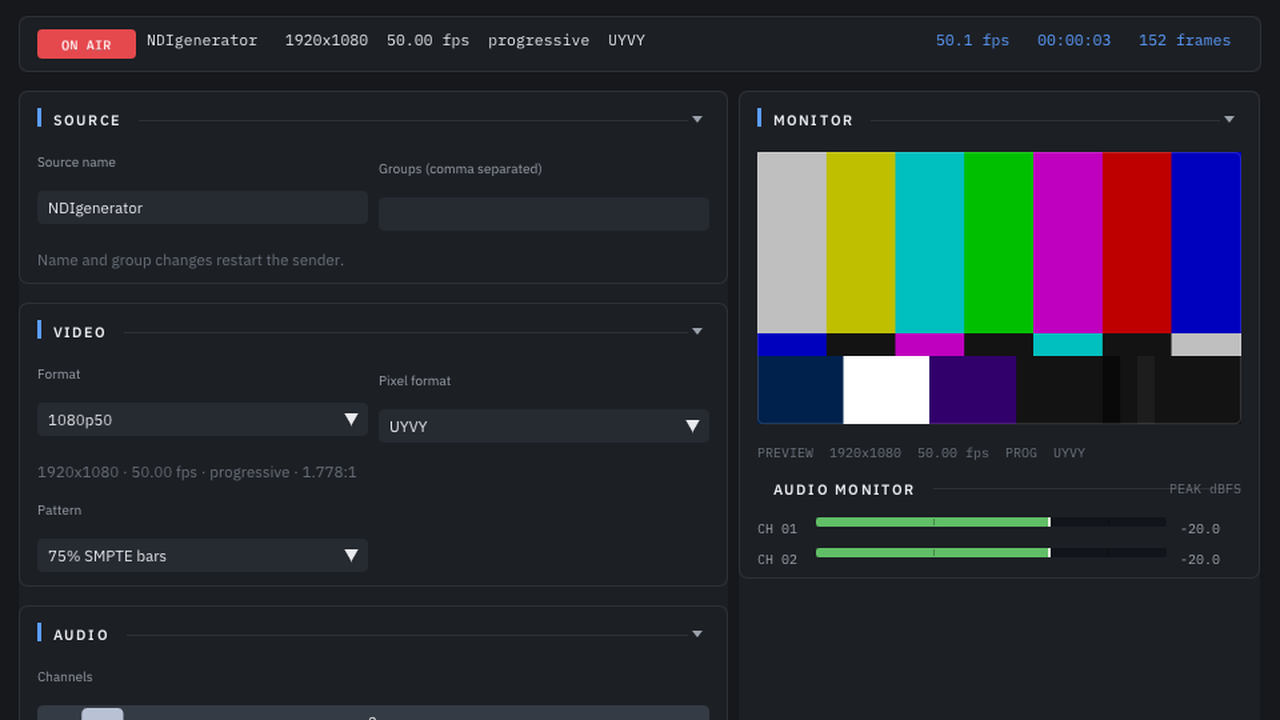 NDI Test Signal Generator on air with SMPTE bars and audio meters