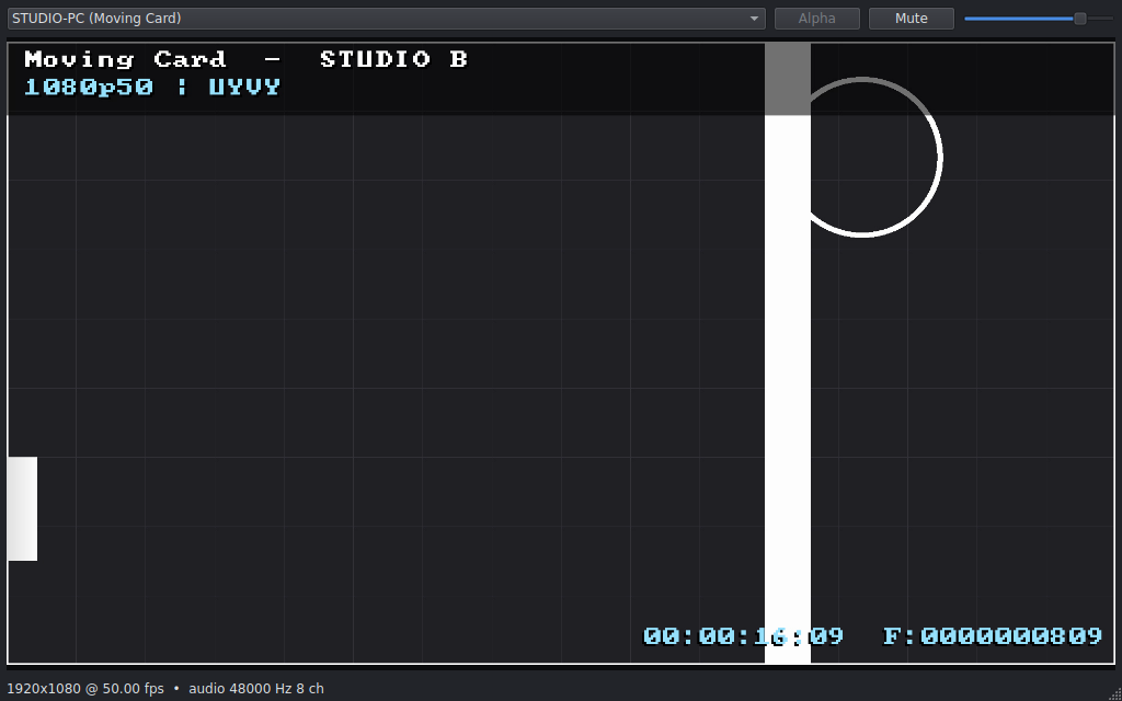 The moving test card received in the free NDI Monitor, with 8 audio channels