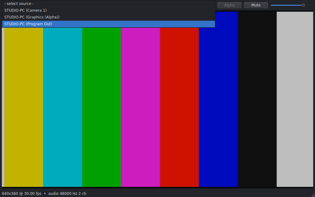 NDI Monitor source picker open, listing three NDI sources