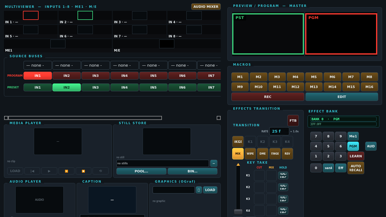 Vision Mixer: NDI M/E with PST/PGM, inputs, transitions, and audio